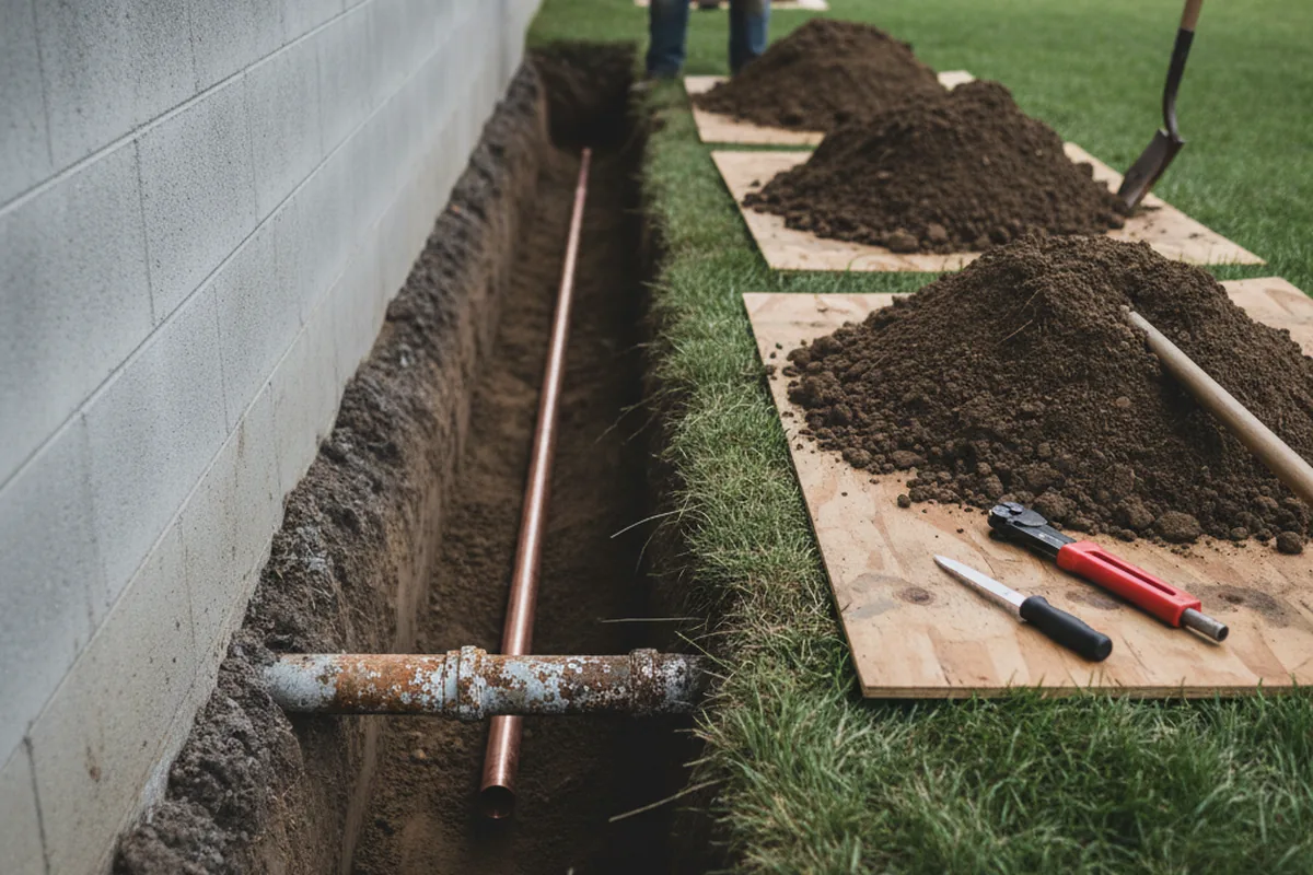 Excavated water line trench during Sewer Line Repair in Tarlton